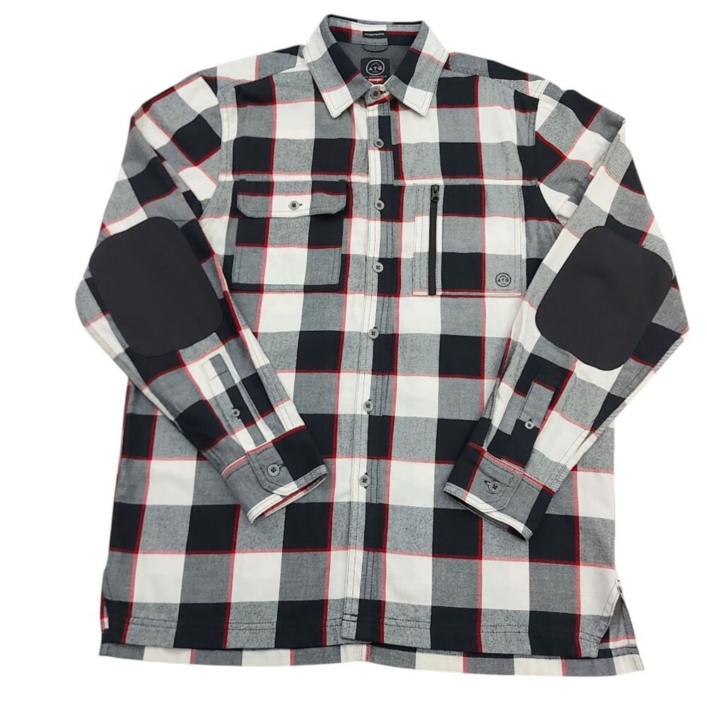 Wrangler Flannel Shirt Mens Medium Navy Plaid Elbow Patch All Terrain Workwear